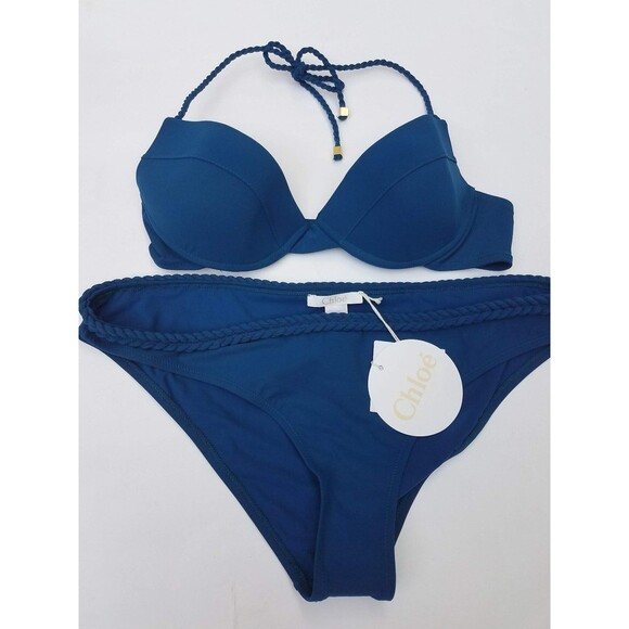 New CHLOE Bikini Swimsuit Size M/44 Rich Blue Push Up Braided waist triangle top - Picture 2 of 5